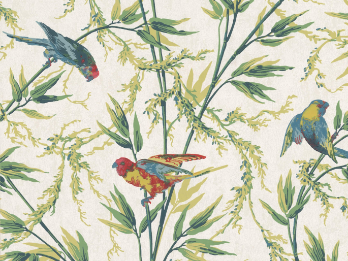 Little Greene Great Ormond Street - Tropical Tapete mit kleinen bunten Vögeln und zierlichen Gräsern