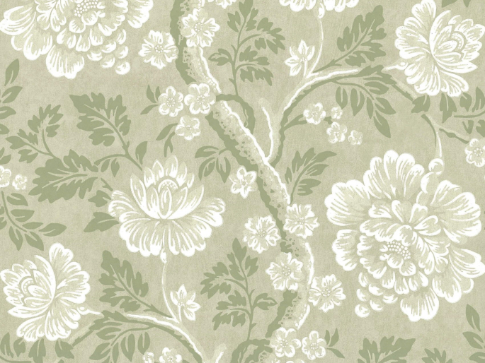 Blumentapete mit grünem Hintergrund, darauf elegante Blumen mit weißen Farbtönen Gustav - Dalarna