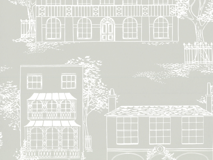 Graue Tapete mit groß gezeichneten Häusern und weißen Linien Hampstead - Cool Grey