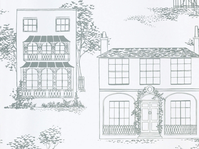 Hampstead - Glass Tapete von Little Greene mit gezeichneten Häusern und zierlichen Bäumen
