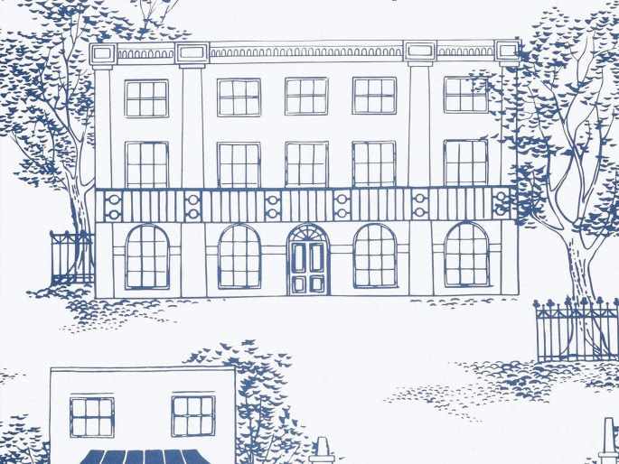 weiß-blaue Tapete Hampstead - Mid Blue mit Häusern, die bekannt sind