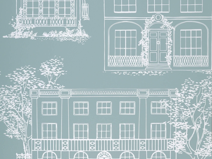 Hampstead - Penumbra ist Tapete in Blau und Grün mit weißen Zeichnungen von Häusern in verschiedenen Stilen.