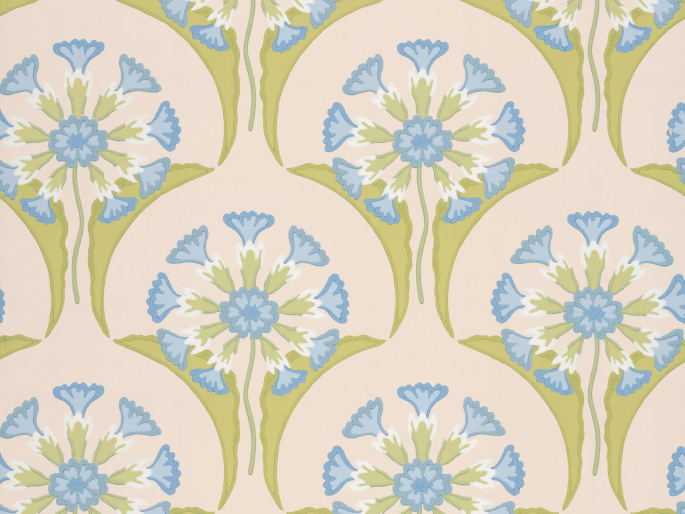Fröhliche Tapete mit rosa, grünen und blauen Farben Hencroft - Blue Primula mit Blumen