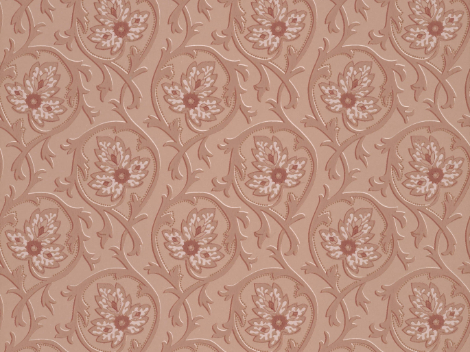 Rosa Tapete von Little Greene mit einem Muster aus eleganten Schnörkeln und großen Blättern Hoja - Hellebore