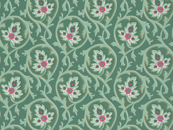 Tapete in grüner/blauer Farbe mit einem Muster aus Schnörkeln und Blumen und kleinen knallig-rosa Akzenten Hoja - Pleat