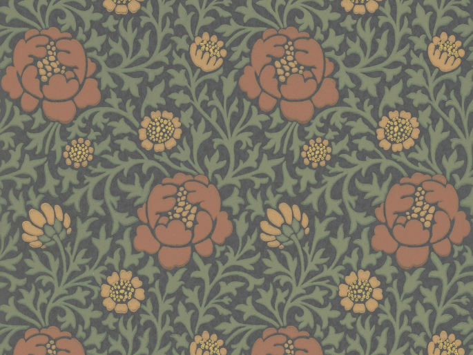 dunkle Tapete mit grünen Blättern und orangefarbenen Blumen Lansdowne Walk - Ash von Little Greene