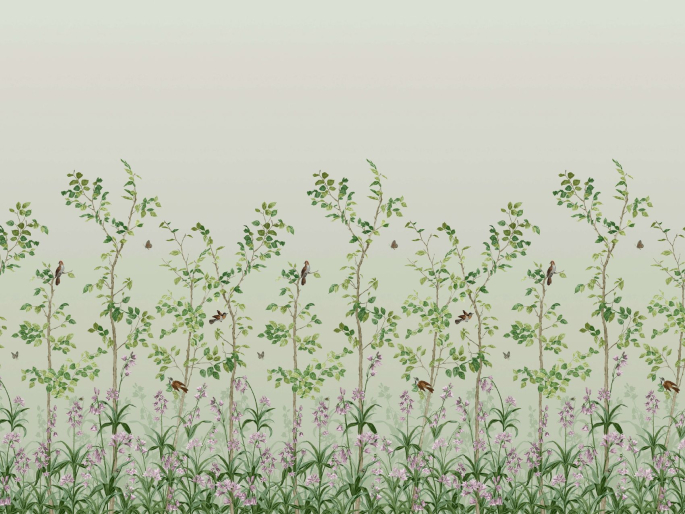 Bird & Bluebell - Pea Green von Little Greene mit Vögeln, Bäumen und Blumen