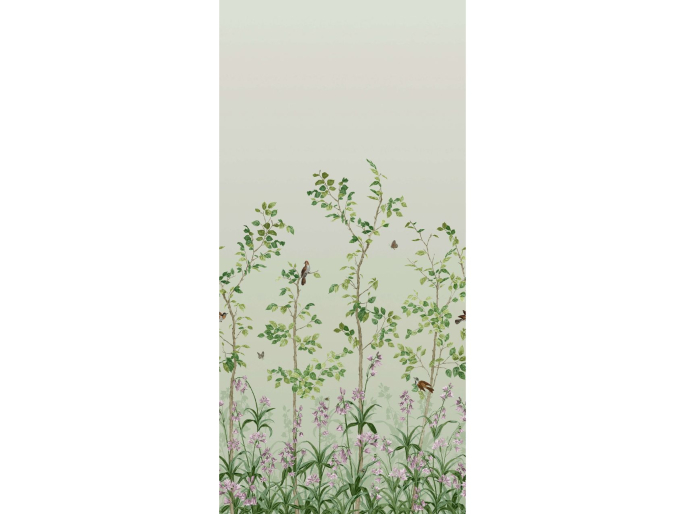 Musterwiederholung Little Greene Tapete Vogel & Hasenglöckchen - Erbsengrün