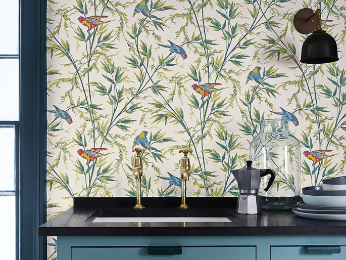 Tapete mit Vögel und Ziergräsern Great Ormond Street - Tropical von Little Greene