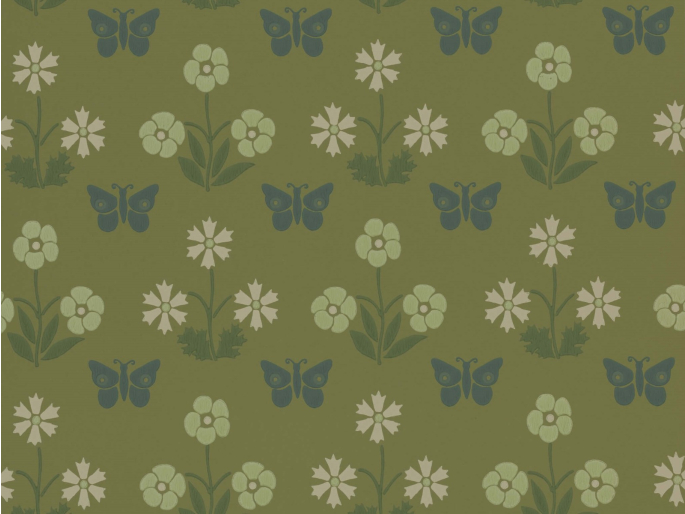 Groen Schmetterlingstapete Burges Butterfly - Garden mit dunkelblauem Schmetterling und grün/weißen Blumen von Little Greene