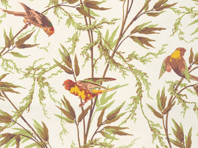 Beige Tapete mit grünen und braunen Ziergräsern, auf denen Vögel auf Great Ormond Street - Galette von Little Greene sitzen